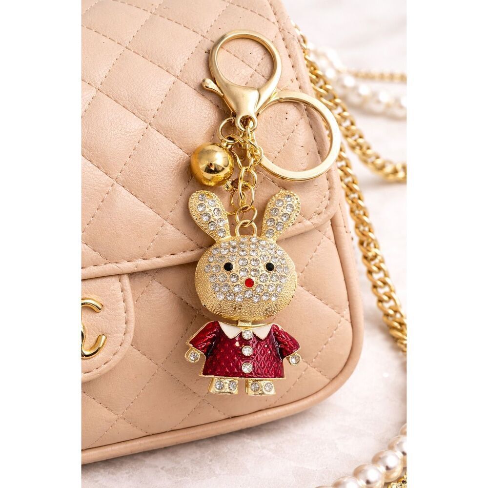 Rhinestone Bunny Rabbit Keychain Gold Red Dress Purse Charm Bag Charm